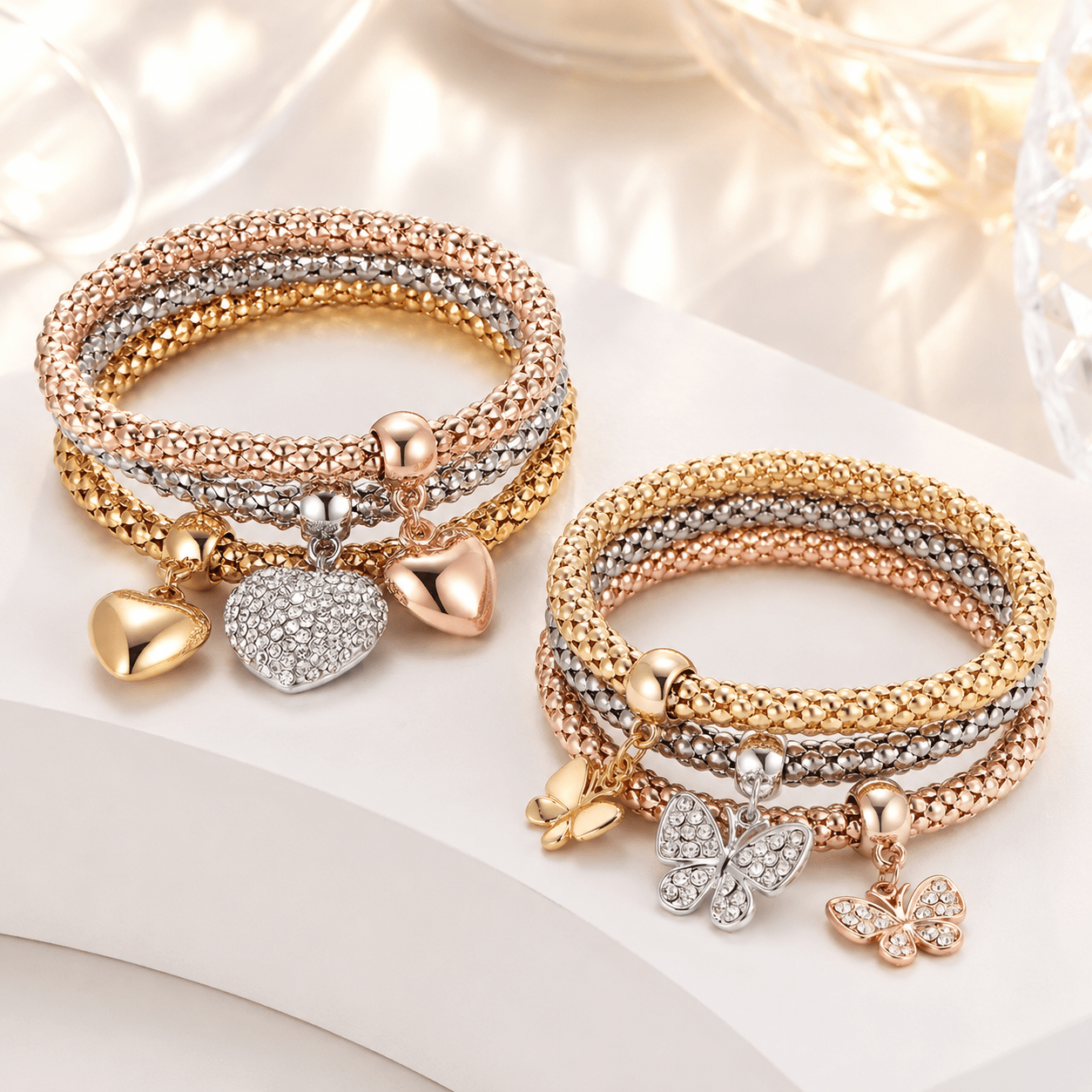 TEMU 6pcs Women's Exquisite Elegant Mixed Metallic Style Corn Chain Elastic Bracelet Set, Silvery Golden Rose-golden 3d Heart Pendant, Halloween