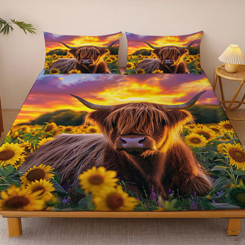 TEMU 1pc Highland Cow In A Sunset Sunflower Field Pattern Fitted Sheet, A Single Deep-pocket Fitted Sheet, No Pillowcases, Machine-washable Soft
