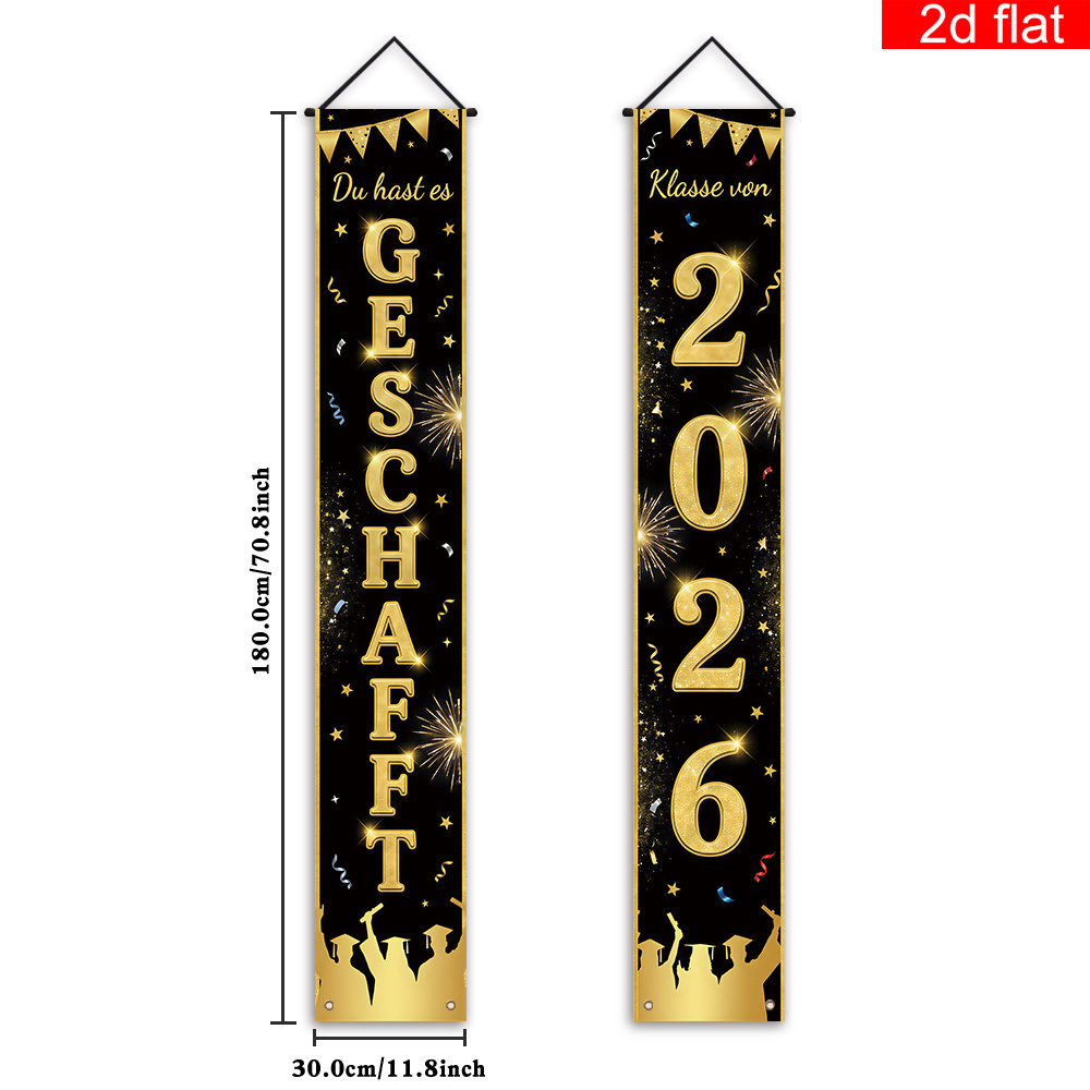 TEMU 2d Flat, 2d Flat Banner, 2pcs, German 2026 Graduation Ceremony Front Door Porch Sign Party Banner, Black And Golden Theme, Fireworks, Stars,