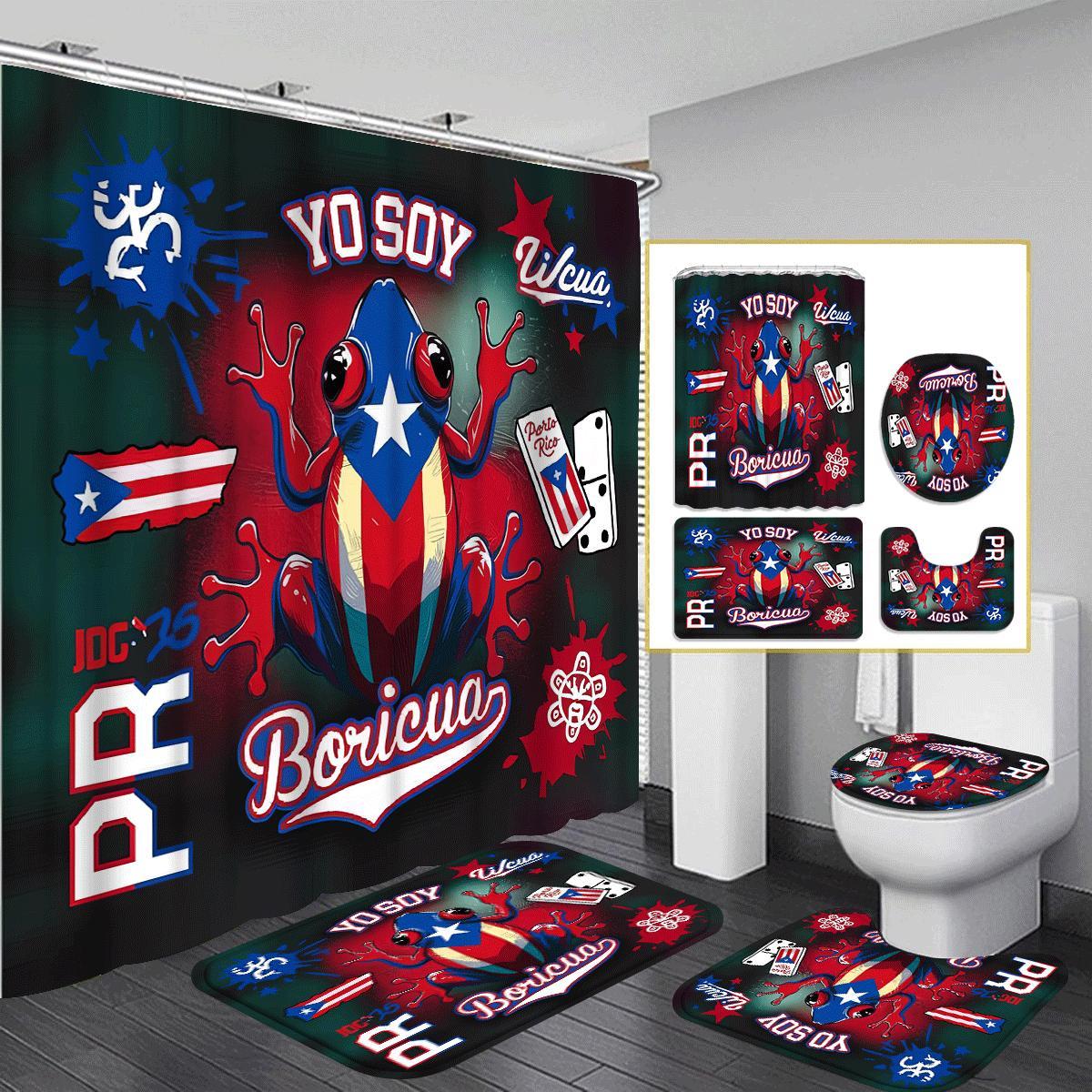 TEMU 2d Flat, 2d Flat, Puerto 4pcs Shower Curtain Set, Fashionable Bathroom Decor Set Includes 12 Hooks, Non-slip, U-shaped Toilet Seat Cushion,