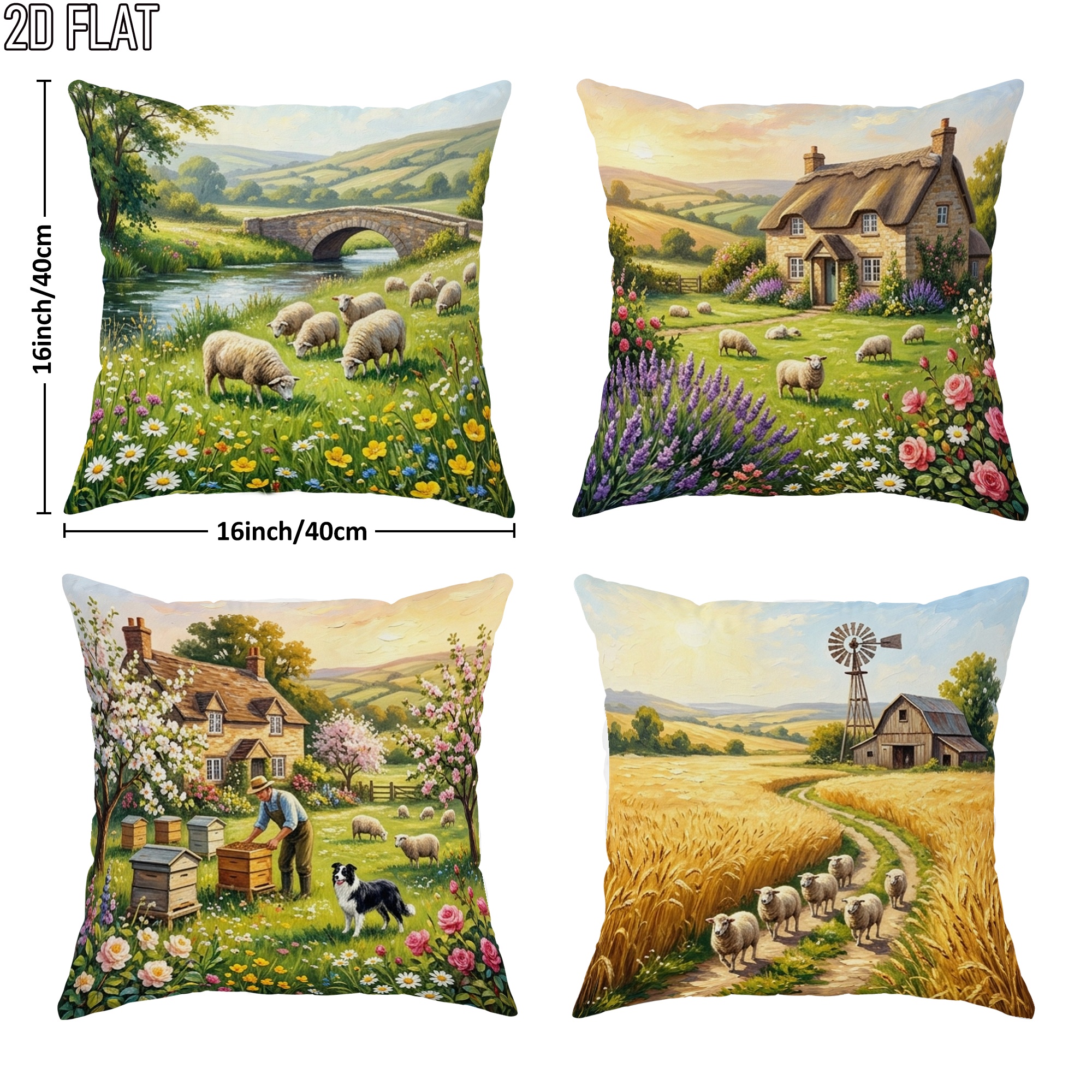 TEMU 2d Flat 4pcs Countryside Pastoral Vintage Throw Pillow Covers Floral Decorative Pillowcases One-sided Printing For Living Room Bedroom Sofa Bed