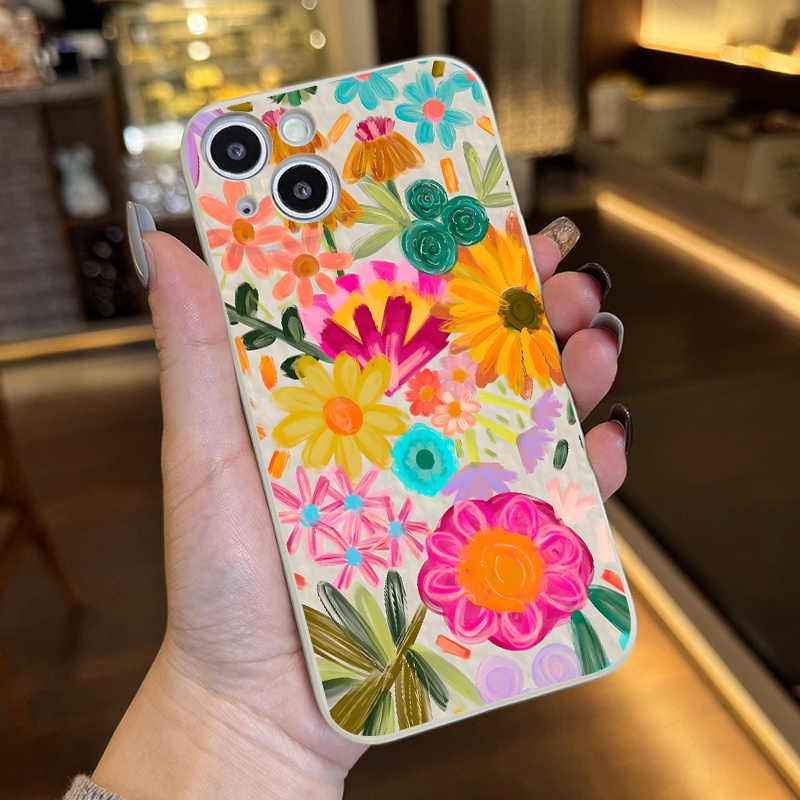 Dopamine Flowers Pattern Case for iPhone 16 15 14 Pro Max 13 12 11 XR XS Plus Liquid Silicone Full Body Protective Cover with Microfiber Lining Gifts for women girls