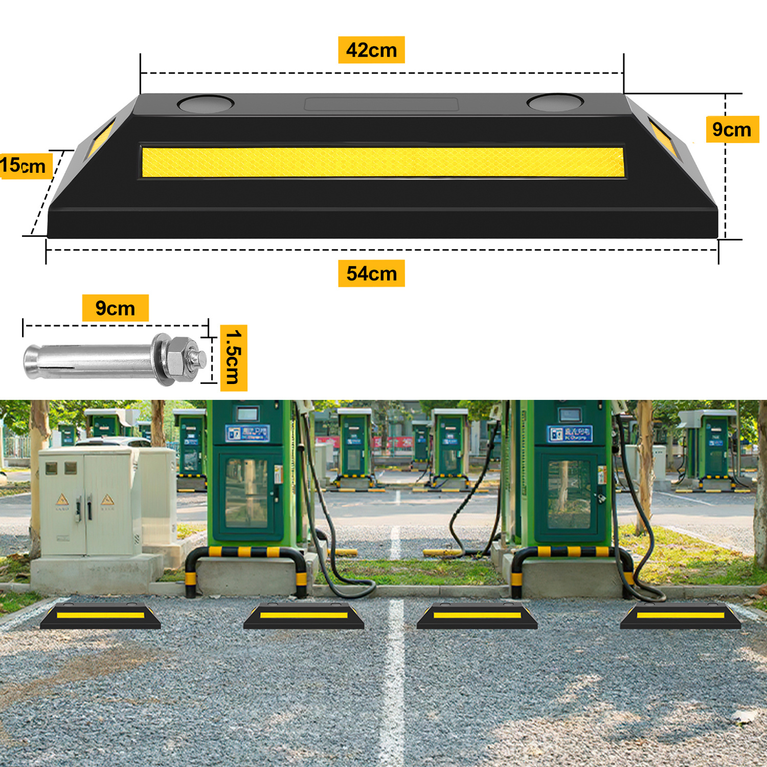 2x Wheel Stopper Garage Parking Aid Rubber Car Car Park Stopper Reflectors Reflector Parking Stopper Tyre Stopper Parking Bumper 54x15x10cm Car Park Barrier