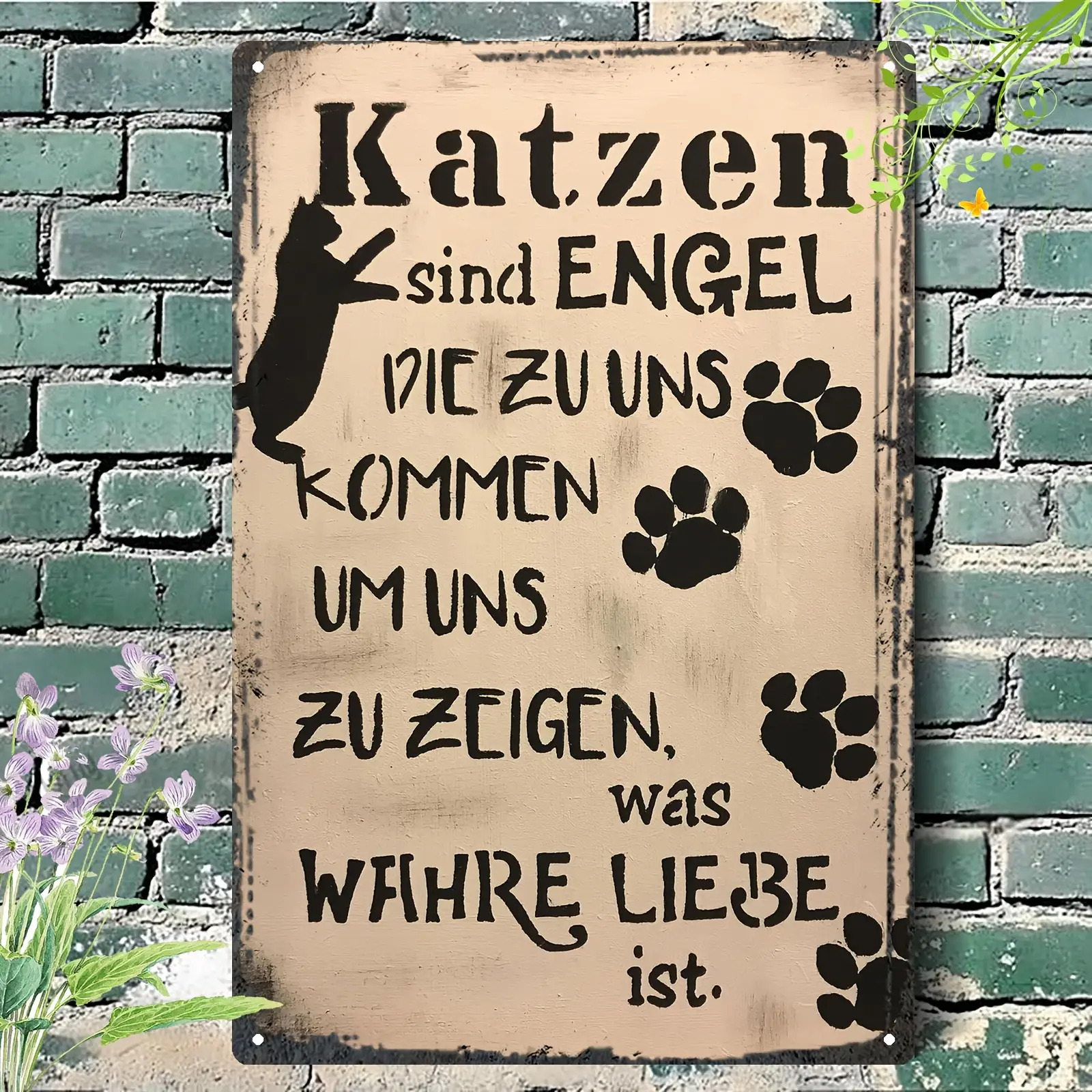 TEMU 2D Flach, ., 2D Flach - . 2D Metallschild mit Katzensilhouette und deutschem Text, der reinen Liebe . Es ist eine ausgezeichnete Dekoration für