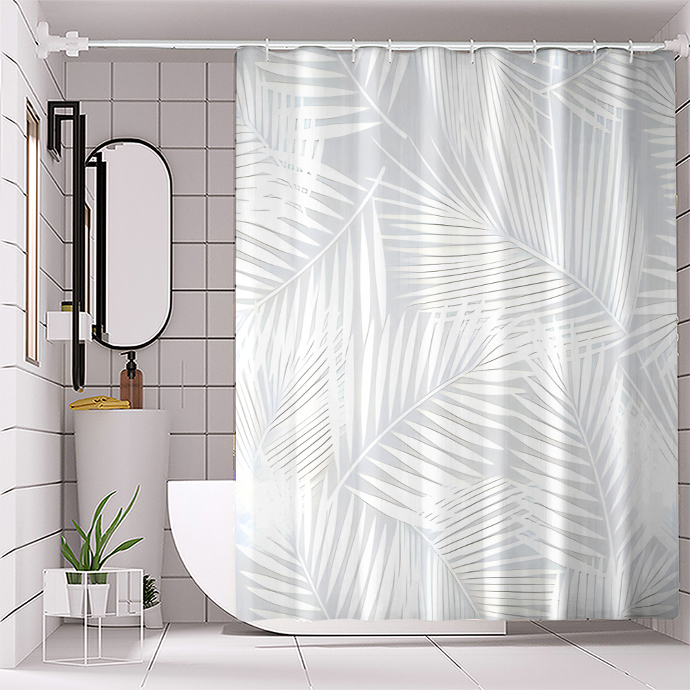 

Tropical Leaf Pattern Woven Polyester Bath Curtain, 1pc, Water-resistant, , Machine Washable With Hooks, No-drill Installation, Decorative Bathroom Partition