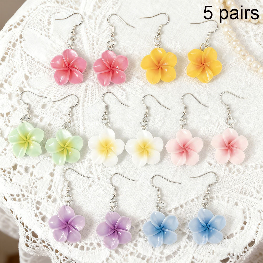 E-shop 5 Paar Frühling/Sommer Macaron Farbe Hawaiianische Plumeria Ohrringe, Leichte Bunte Harz Tropische Ei Blume Hängeohrringe für Frauen,