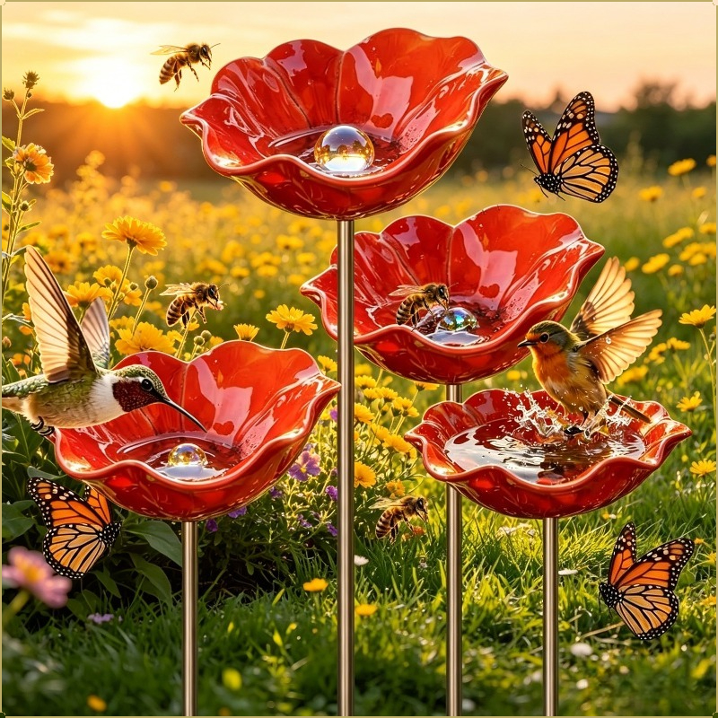 Image of 3-teiliges 3d Gartensteckvogelbad-set, Inklusive 1 Futterschale Und 2 Glaskugeln, Kuenstlerische Metallblumen Wasserstation, Passend Fuer Bienen Schmetterlinge, Garten Dekoration Und Schoenes Geschenk