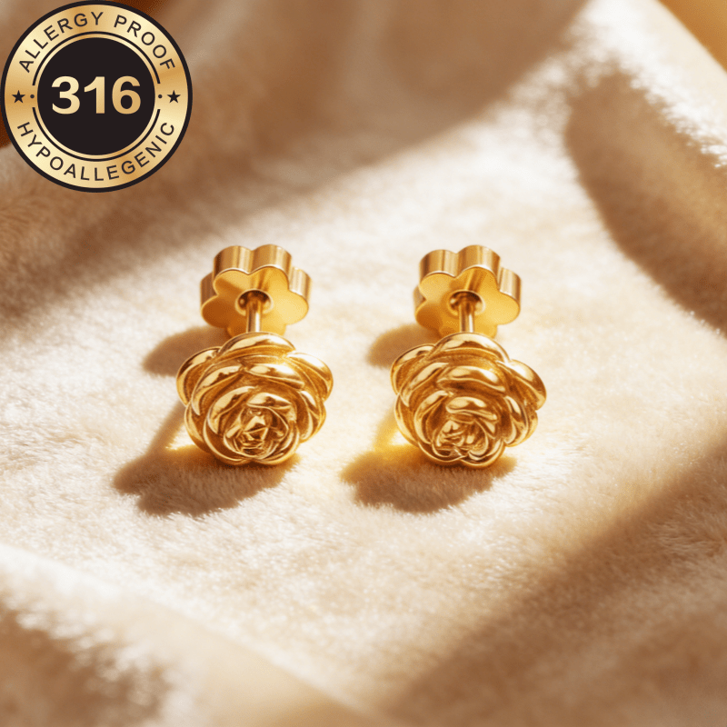 TEMU High-quality Hypoallergenic Golden Stud Earrings Stainless Steel Plum Hook Earrings, Elegant Women's Earrings Anti-fading, Easy And Elegant,