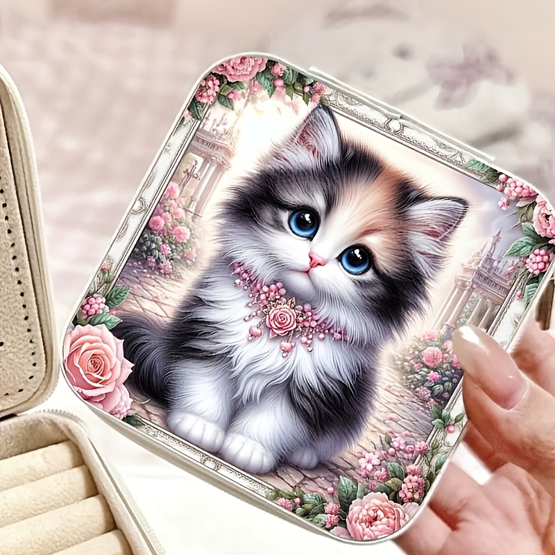 TEMU 1pc Calico Cat Design Diamond Painting Jewelry Storage Box, Includes Round And Special-shaped Kit, Portable Ring Necklace Bracelet Gift Set,