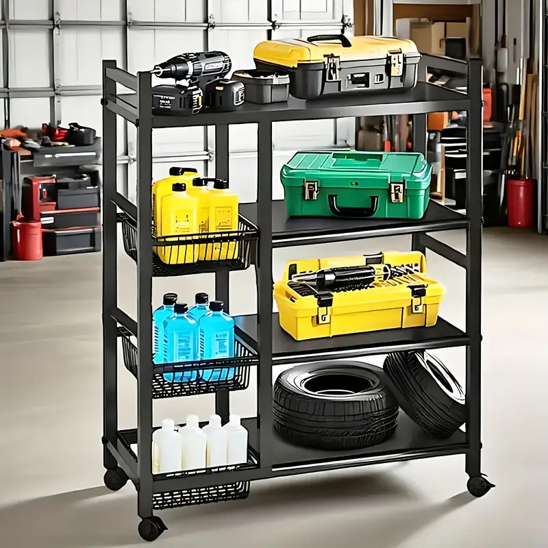 adjustable four tier heavy duty metal storage rack with three wire baskets and wheels a freestanding kitchen storage unit featuring upper and lower shelves designed to   suitable for pantries bathrooms standing shelf 2