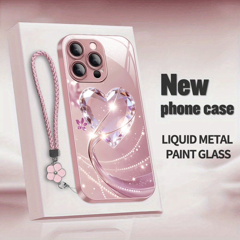 TEMU Phone Case - Rose Quartz Heart Pattern Metallic Glass Case Phone Case Exquisite Luxury Feel Suitable For Iphone 17 Pro Max/16 Pro Max/13/ Pro