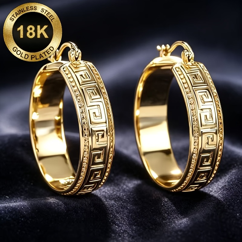 TEMU 1 Paire de Boucles d'Oreilles Larges Hypoallergéniques de Haute Qualité à Motif de Clé Grecque Vintage, Bijoux Boucles d'Oreilles Dorées pour