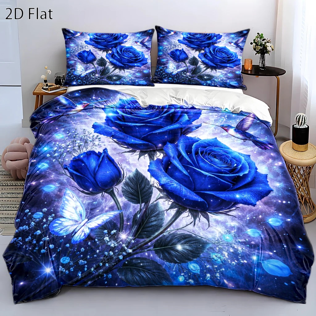 TEMU 3pcs Blue Rose Hummingbird Duvet Cover Set, Bedding 3pcs Set (1*duvet Cover   2*pillowcases), Double Bed Cover, Machine Washable With Hidden