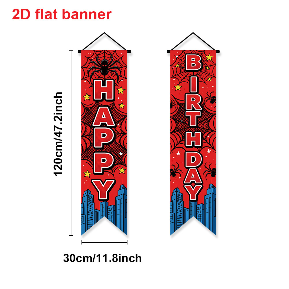 TEMU 2d Flat, 2d Flat Banner, Party Banner, 2-pack Web Happy Birthday Door Canvas, Red Cartoon , Cityscape Buildings, Stars, Vertical Porch Sign, Boy