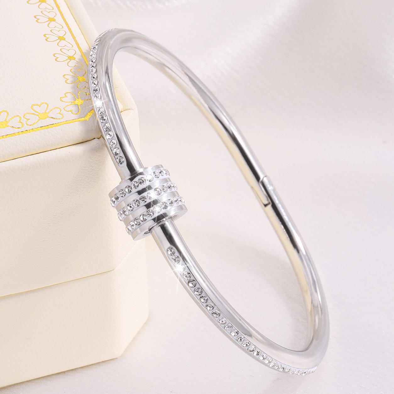 3pcs Stackable Stainless Steel Bracelet Set with Synthetic Zirconia