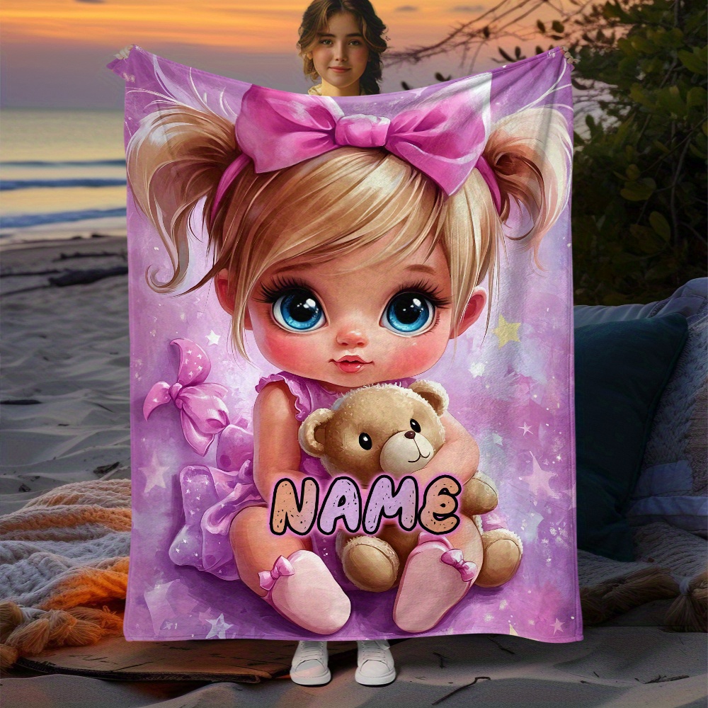 Customized ID Pink Cute Girl and Teddy Bear Flannel Blanket