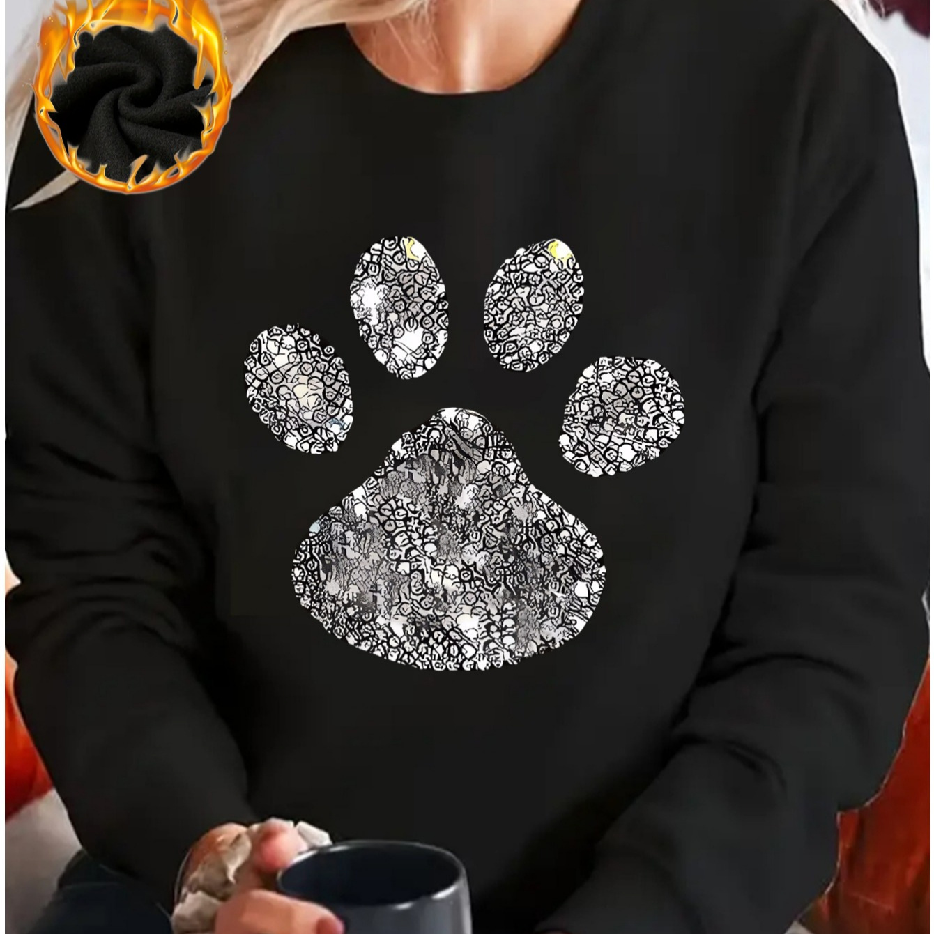 

Cozy & Stylish Women's -lined Sweatshirt With Sparkling Paw Print - Long Sleeve, Round Neck Pullover For Sports & Relaxation, Casual Wear| Print|cozy Material