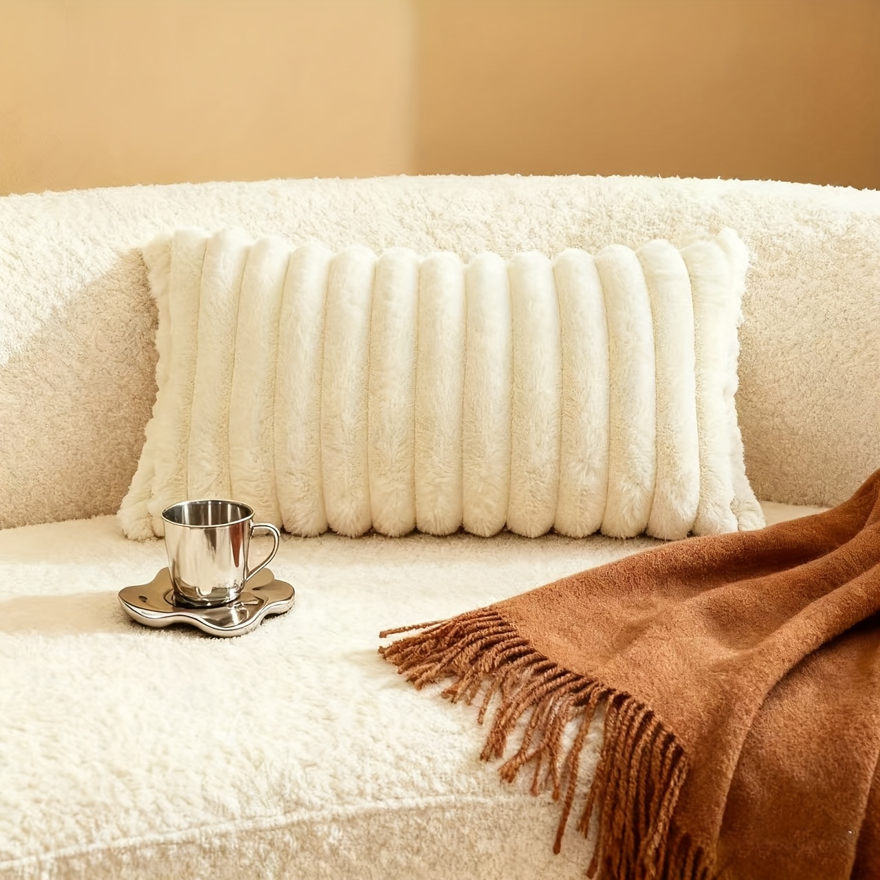 Image of Artificial Faux Fur Cream Color, Fluffy Striped Design, Suitable For Sofas, Beds And Living Room Home Decoration, Excluding Pillow Decoration, Living Room Decoration, Decorative Pillowcase