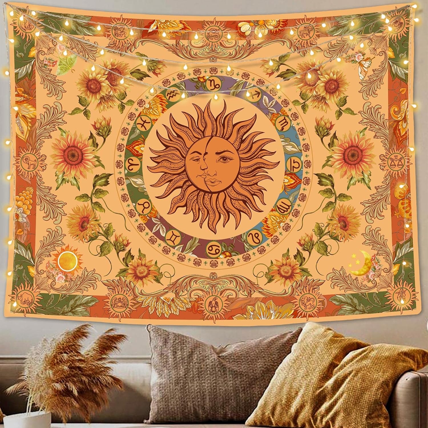 Bohemian Retro Sun Tapestry With Sunflower Butterfly And Moth_voghion.com