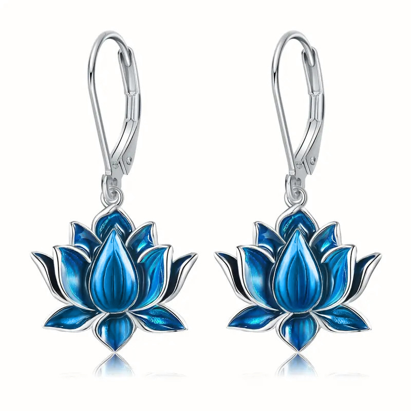 E-shop 1 Paar Vintage Emaille Blaue Blumen Ohrringe Elegante Lotus Ohrringe für Damen Tägliche Urlaub Temperament Ohrringe Schmuck