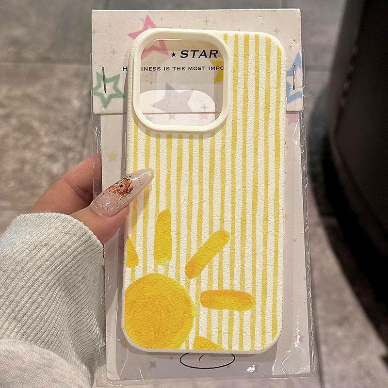 phone case 1pc yellow striped sun graffiti lychee pattern soft phone case compatible with iphone 17 16 15 14 13 12 11 pro   air   plus xs xr x 8 7 se 2020 phone cover