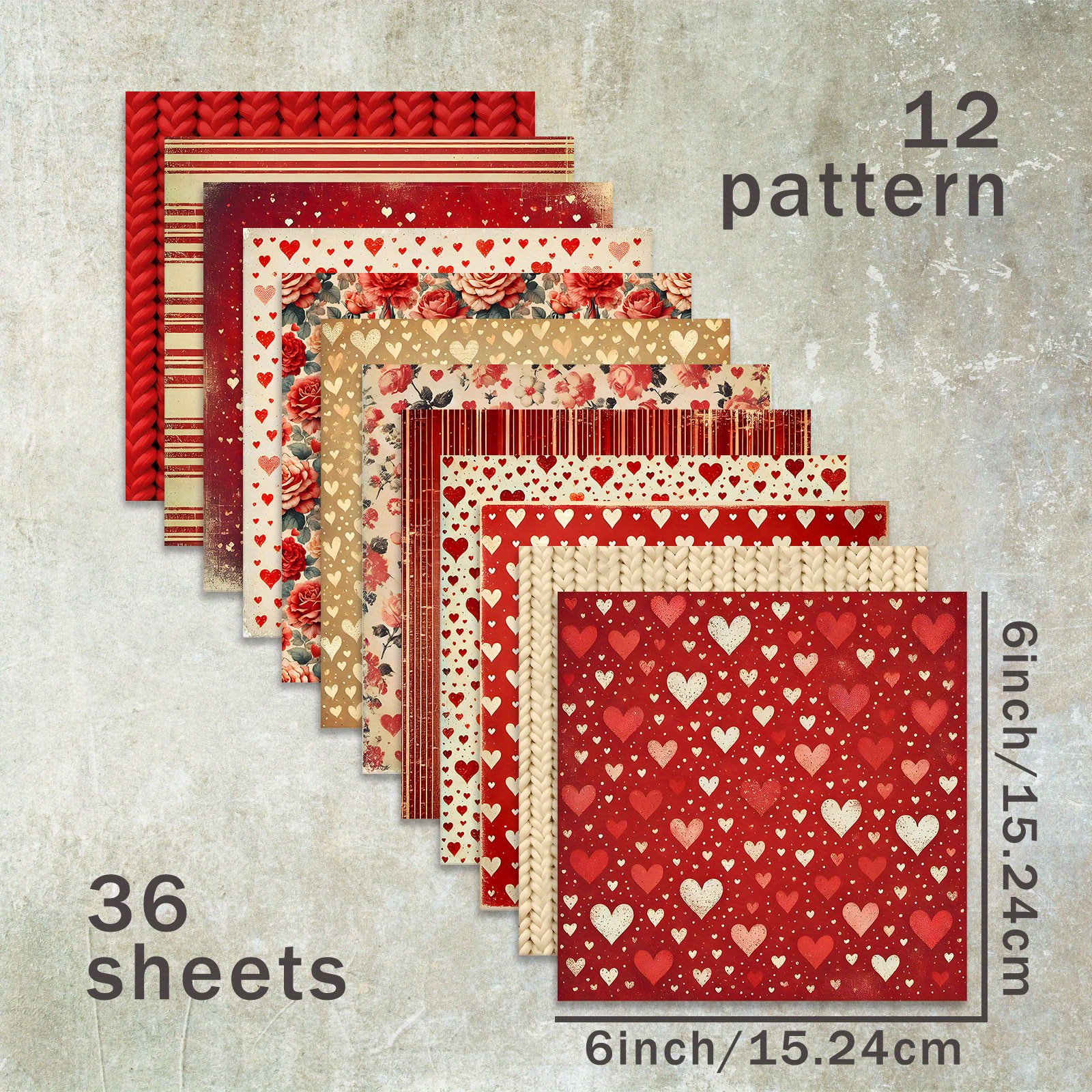 Image of 36 Sheets Of 6-inch Paper Featuring A Valentine's Day Red Striped Background, Suitable For Journals, Junk Journals, Greeting Card Backgrounds, Albums, And Crafts