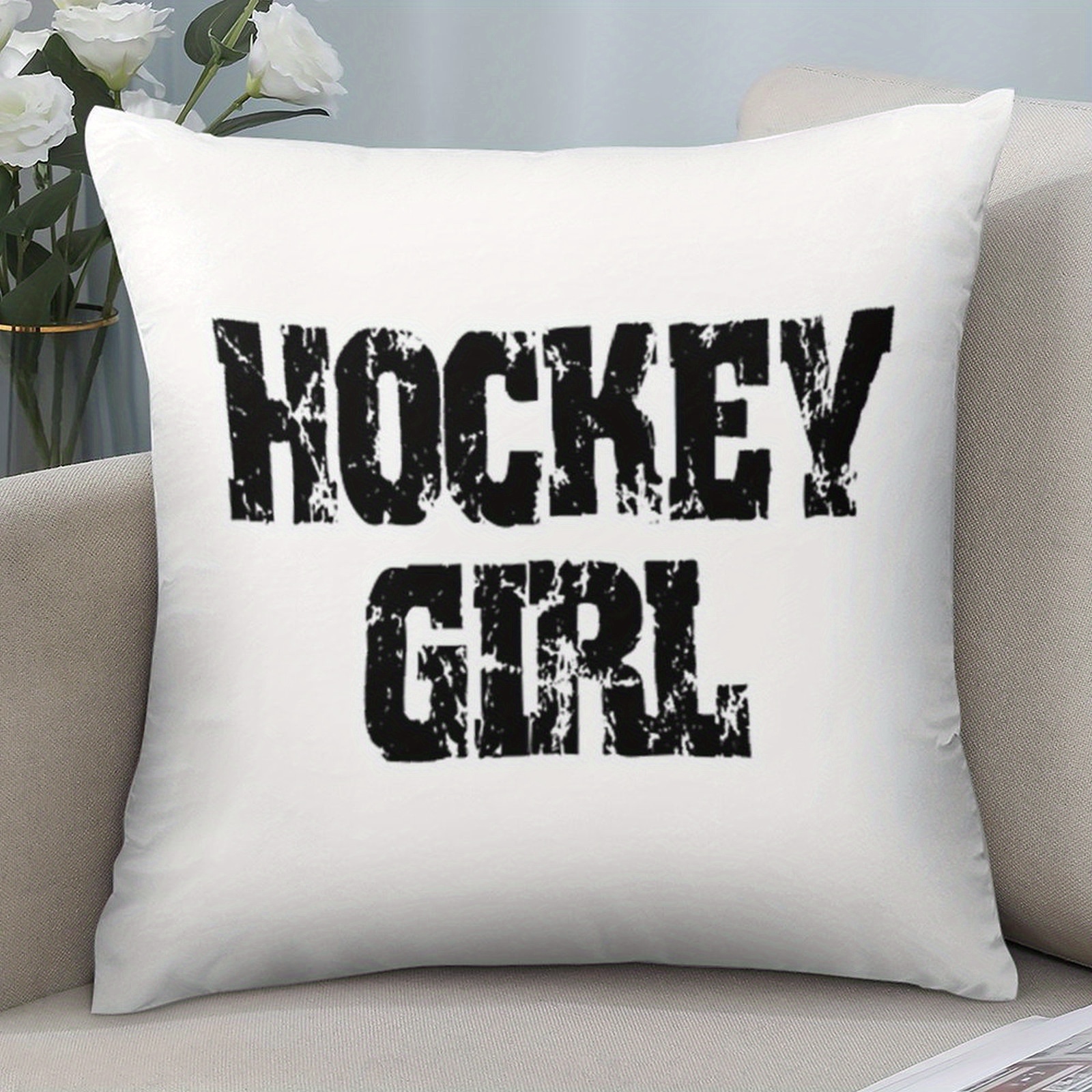 TEMU 1pc Ice Hockey Girl Sports Pillowcase - Black And White Distressed Print, Double-sided Cover, With Zipper Closure, Suitable For Bedroom, Living