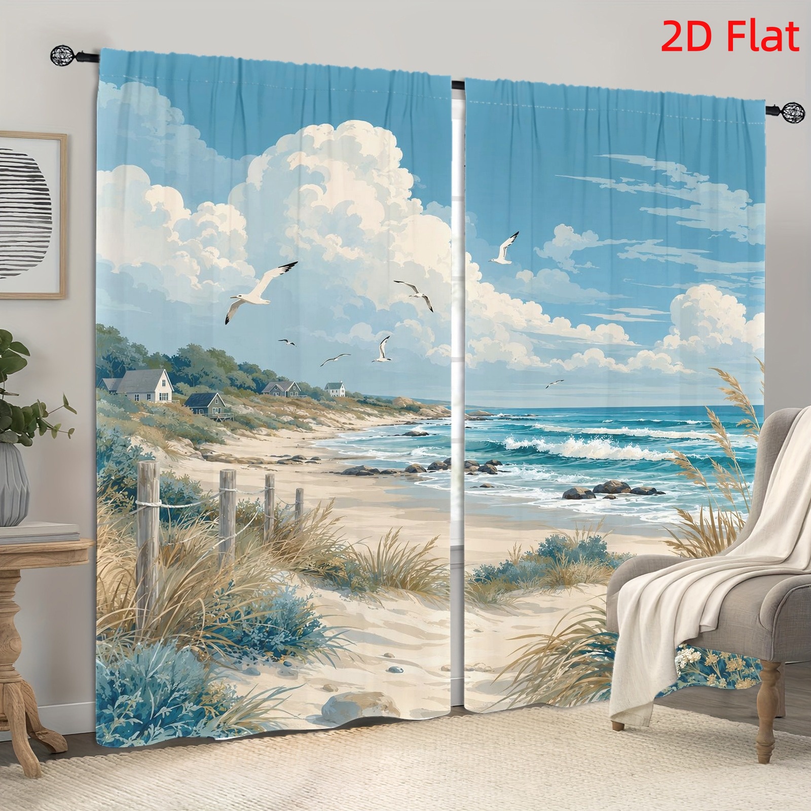 Image of 2d Flat, 2d Flat 2pcs Beach Landscape Pattern Light Filtering Curtains, Ocean Waves Houses Scene Decor, Rod , For Room Bedroom Study Decoration, 2d Flat