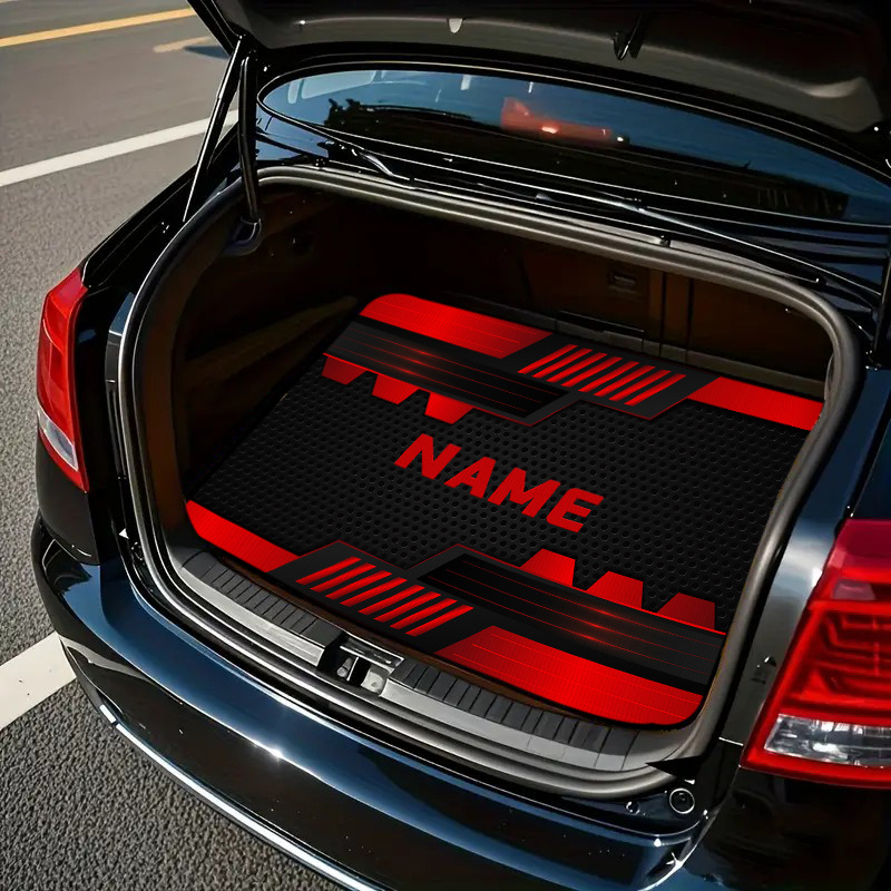 TEMU Custom 1pc Trunk Mat, Red Black Geometric , With Personalized Name Text, Trunk Storage And Protection Mat, Protecting Vehicle Floor Easy To