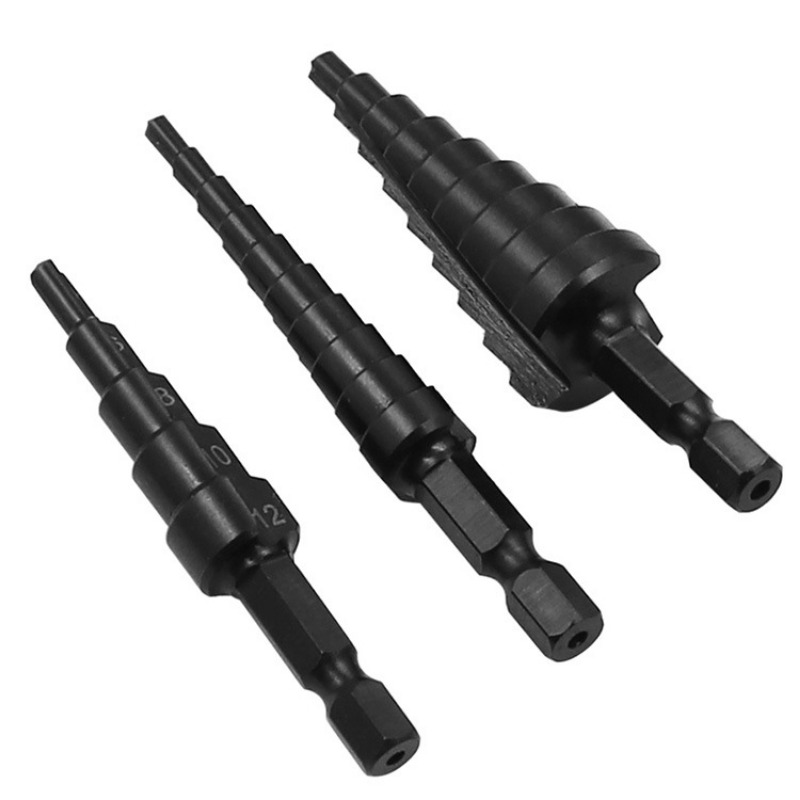 Image of 3pcs Hss Black Step Drill Bit Set 3-12mm 4-12mm 4-20mm Straight For Wood And Metal Hole Cutting