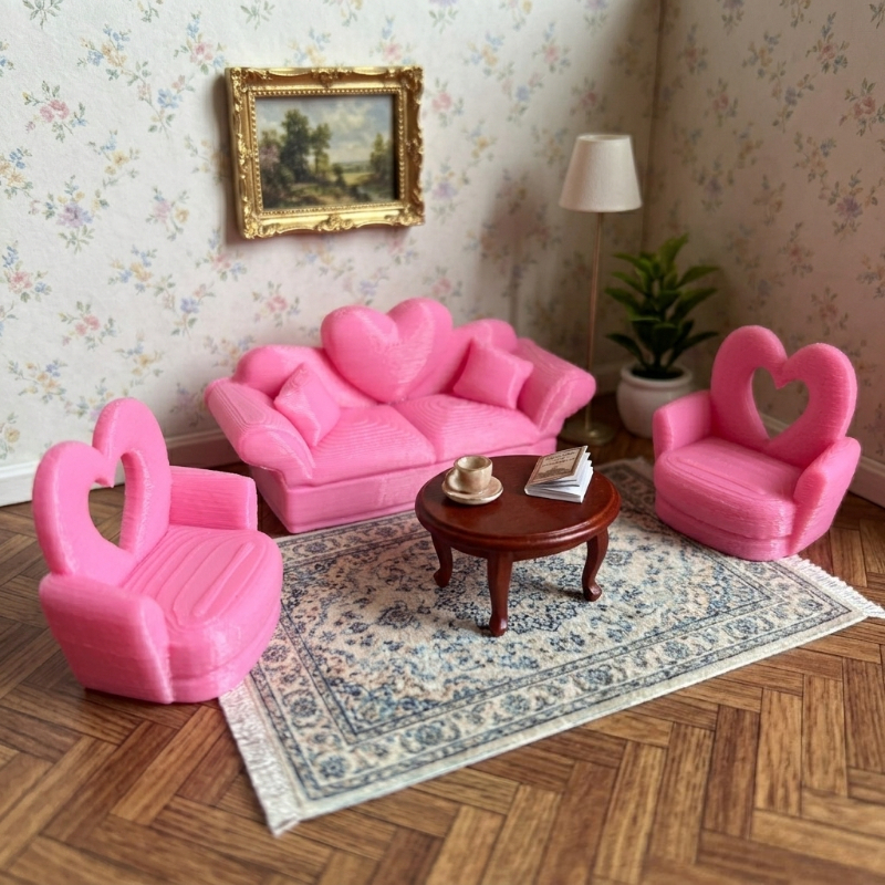 3pcs Dollhouse Set: Heart-Back Double Sofa & Two Chairs