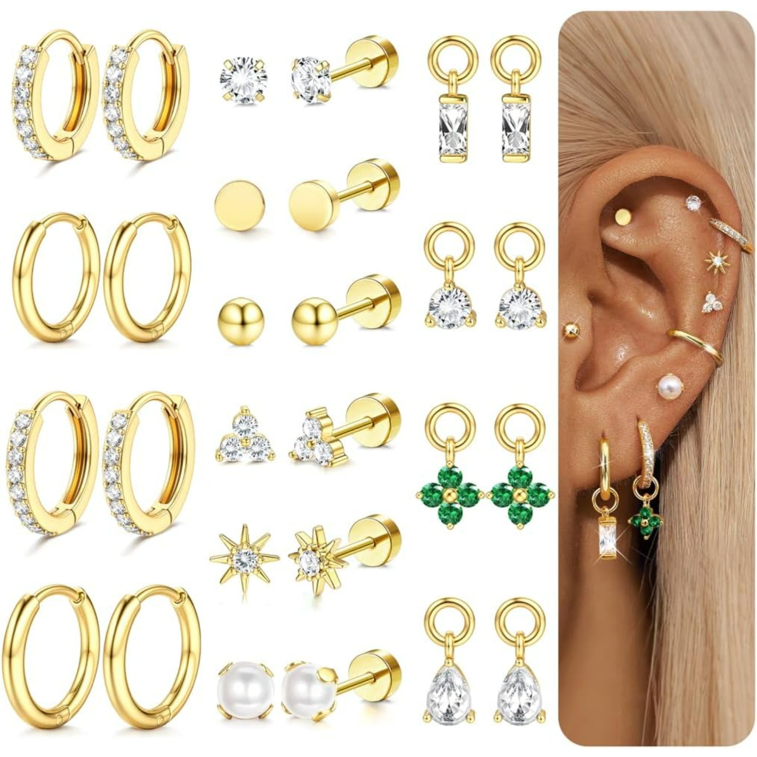 Image of 2d Flat - 14pairs Hypoallergenic Earrings For Women | Style With Steel Posts, Copper Alloy Plating, And Synthetic Zirconia, Suitable For Daily And Party Occasions