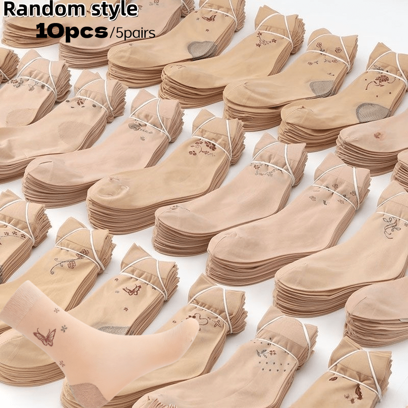 E-shop 10 Stück/5 Paar elastische bedruckte Crew-Socken – Zufälliger Stil bedruckte elastische Socken, extra lockerer, dicker Sohlen-Oberteil ohne