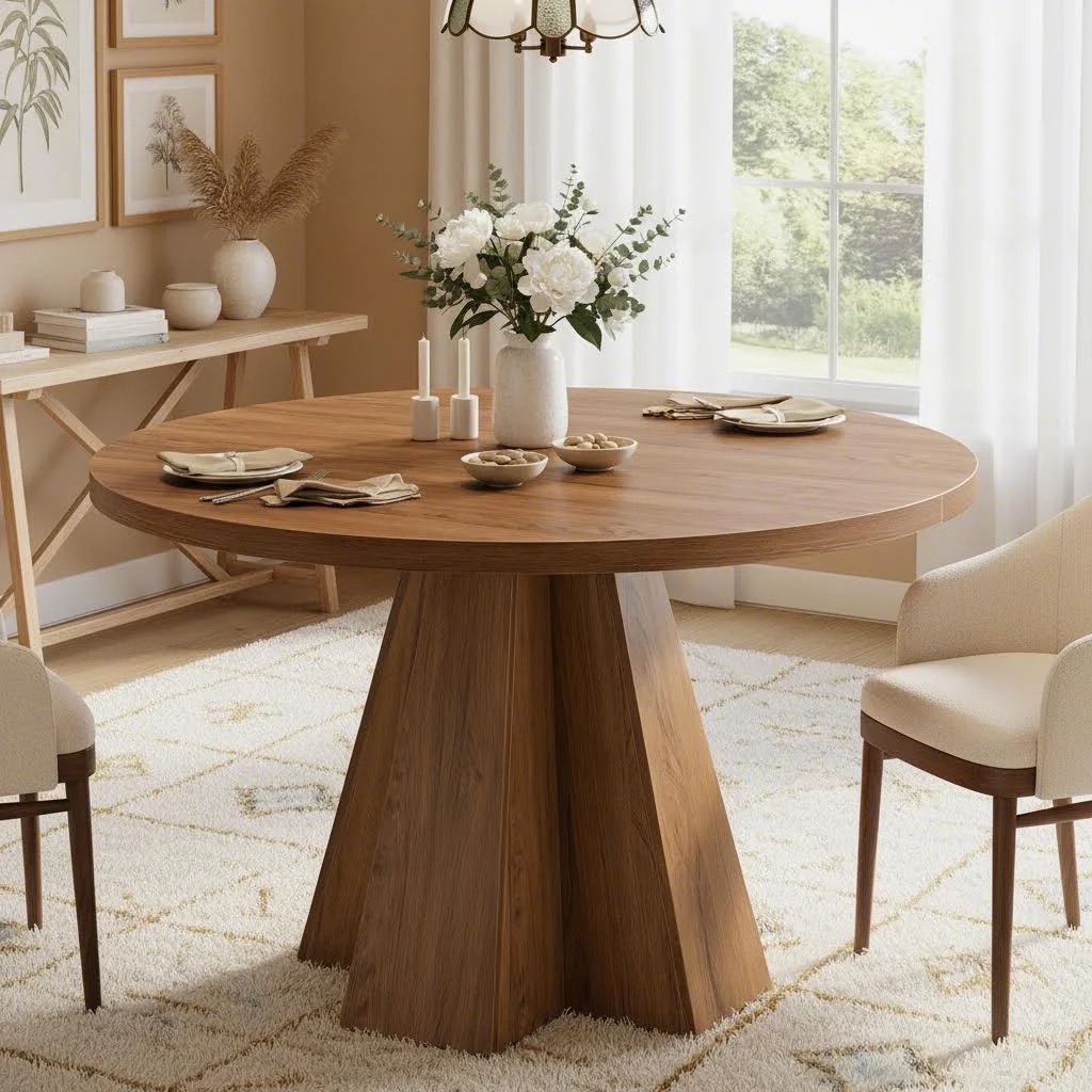 Round Dining Table For 4, Table With Pedestal Base, Farmhouse Style, Space , Dining Room, Kitchen, Living Room, Walnut Brown