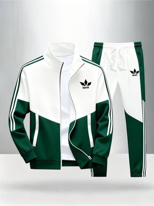 Track Jacket and Pants Set Men's Fashion Casual Trendy Sportswear with Green White Color Block Three Stripes Sport Logo Design Men's Outfits for Adults Men Casual Wear Sportswear