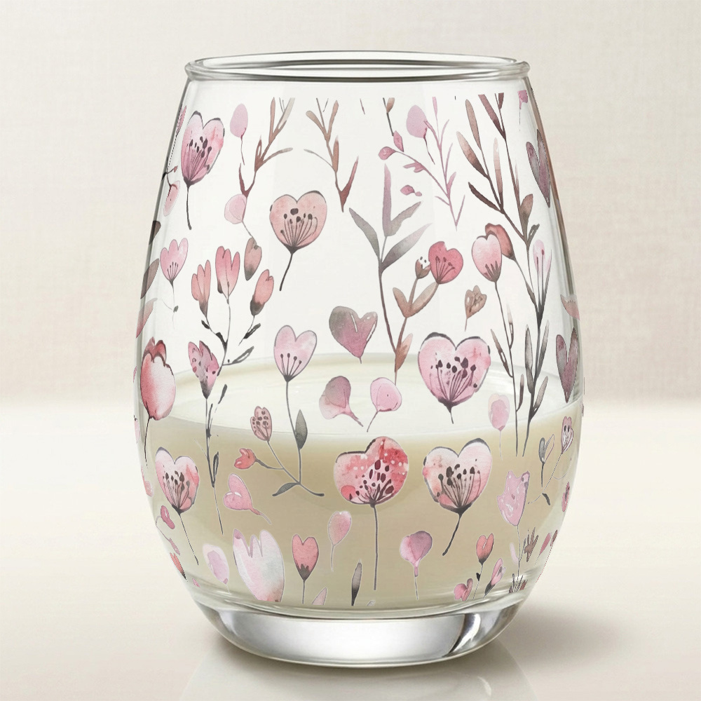 TEMU 15-ounce Lip-fit Glass Watercolor Pink Floral Champagne & Whisky Tumbler Suitable For Office, Parties, - Rim, Elegant Watercolor, Glass Cup For