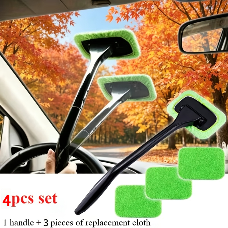 TEMU 4pcs Car Cleaning Tool Set: 1 Handle + 3 Replacement Pads, Windshield Cleaning Tool, Reusable Cloth Pads (random Colors), Car Interior Window