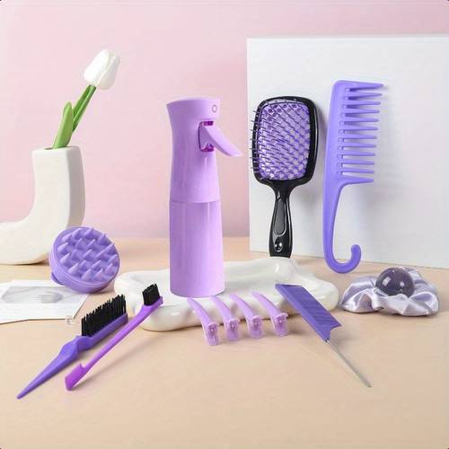 12pcs hair brush set for women spray bottle 3pcs slick back hair brushes for toddlers soft scalp massager detangling hairbrush for wet dry curly hair detangling wide tooth combs purple