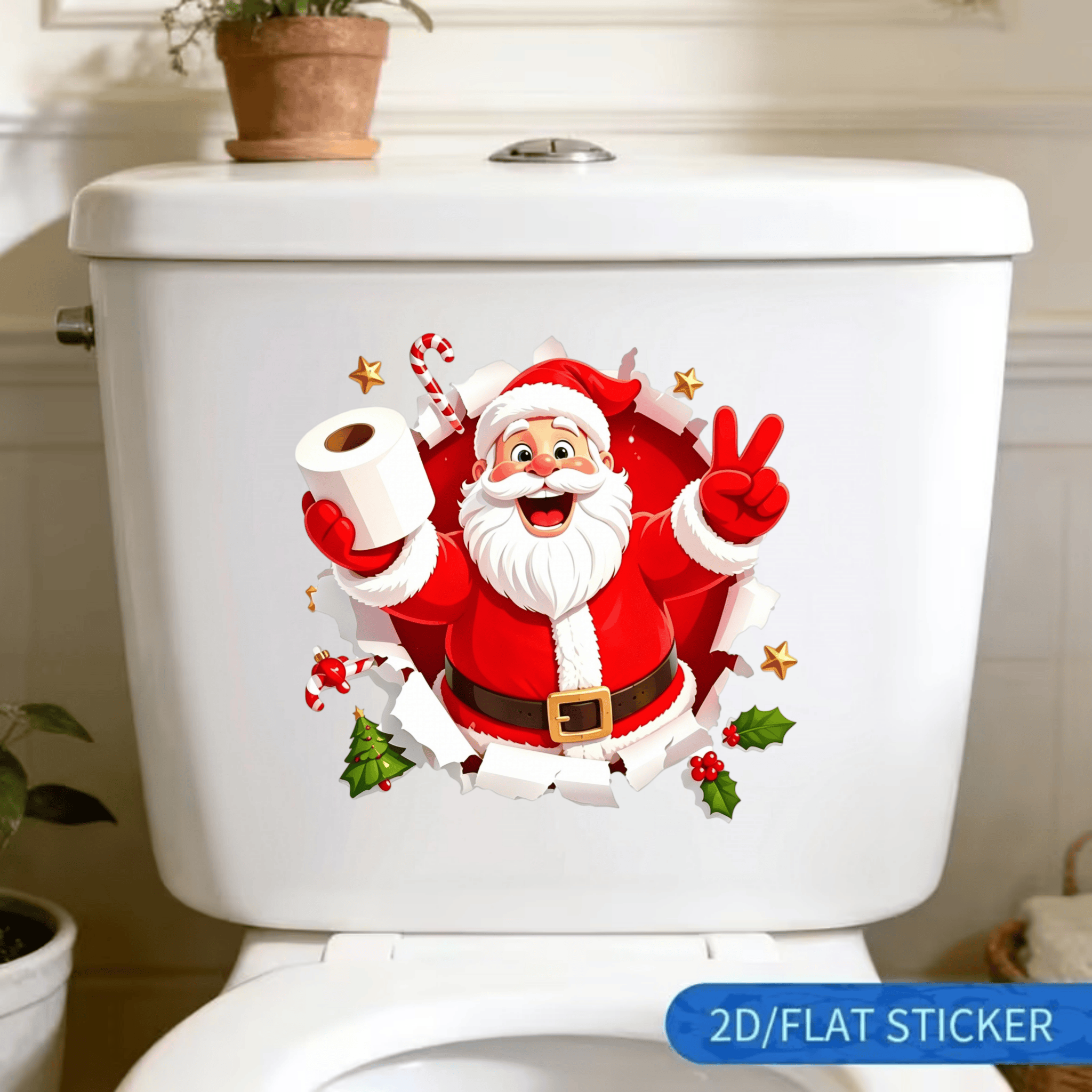 TEMU 2D, Pegatina para Inodoro, 1 pieza, 2D. Pegatina Creativa Navideña para Asiento de Inodoro, Papá Noel Sosteniendo Papel Higiénico, Calcomanía