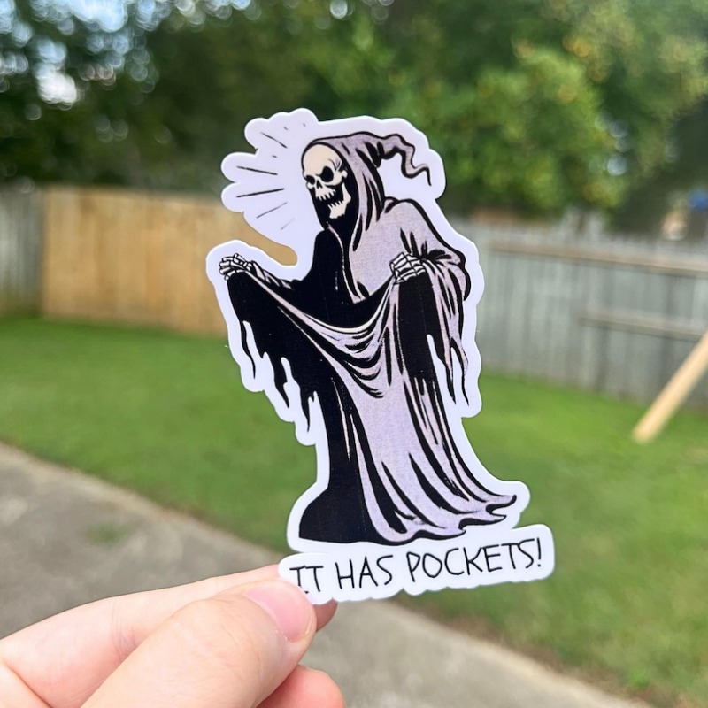 TEMU Humorous "it Has Pockets" Reaper Sticker - Durable Matte Vinyl Decal Featuring An Adorable Gothic With Pockets (without ) For Laptops, Water
