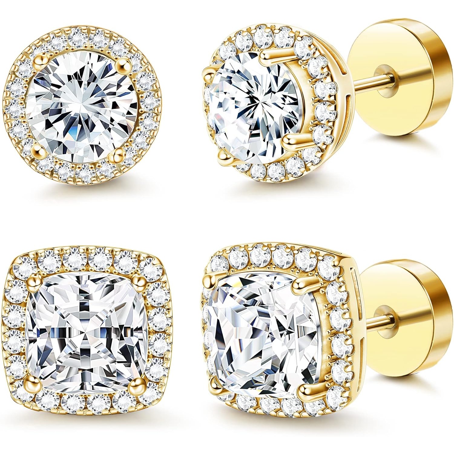 14k Gold Plated Back Hypoallergenic Stud Earrings For Men Women Large Big Cubic Synthetic Cubic Zirconiaia Stud Earrings Mens Earrings Flatback Earrings