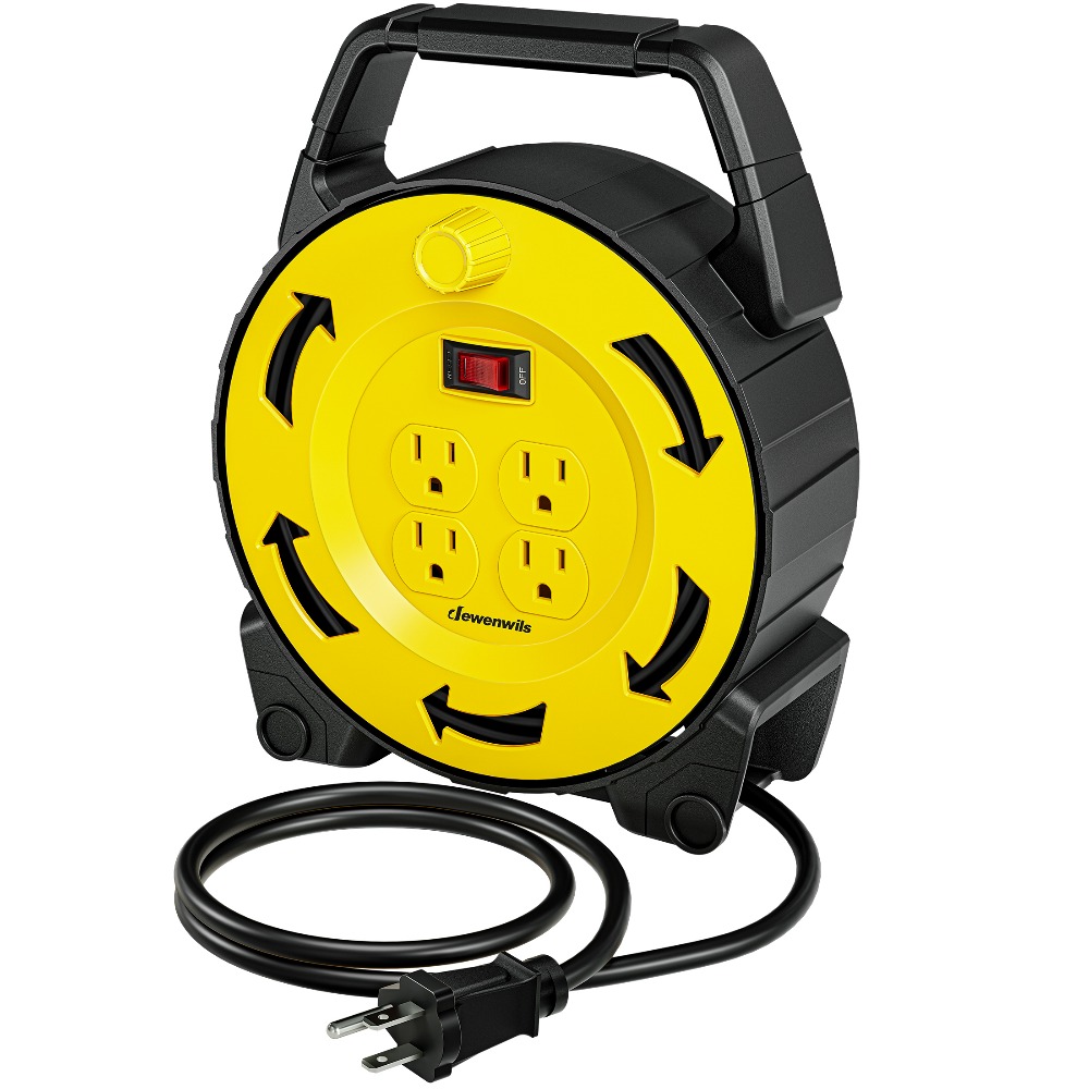 TEMU Bobine de cordon rétractable à remontoir manuel de 30 pieds, câble d'extension 16/3 AWG SJTW, 4 prises de terre avec disjoncteur 13A, dévidoir