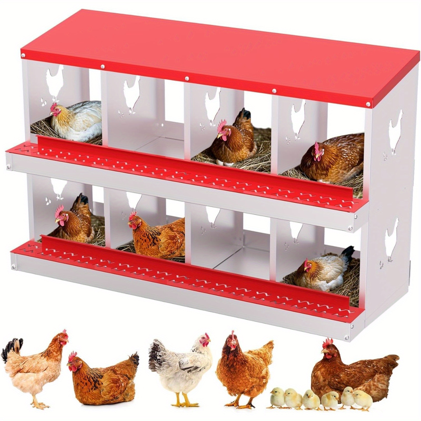 TEMU 8 Compartment Metal Chicken Nesting Boxes For Chicken Coop, Collection, , Chicken Laying Boxes For Hens (red)