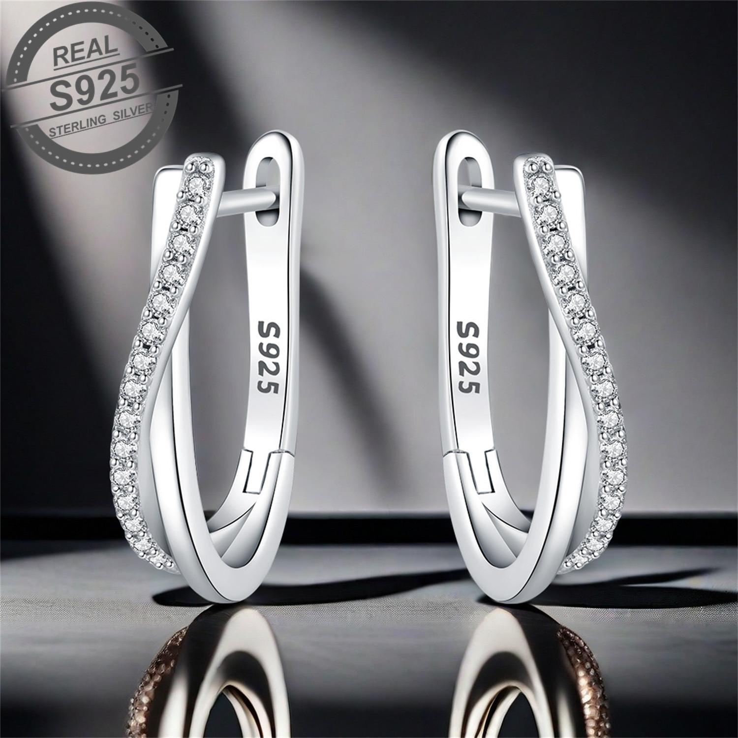 elegant 925 sterling silvery twisted hoop earrings with sparkling cubic zirconia perfect gift for her details 0