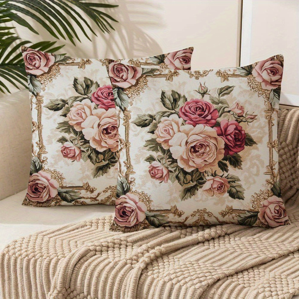TEMU 2pcs Vintage Floral Pillowcases, Featuring Only 2d Prints, Pillow Inserts Not Included. With Delicate Roses And Golden Patterns, Suitable For