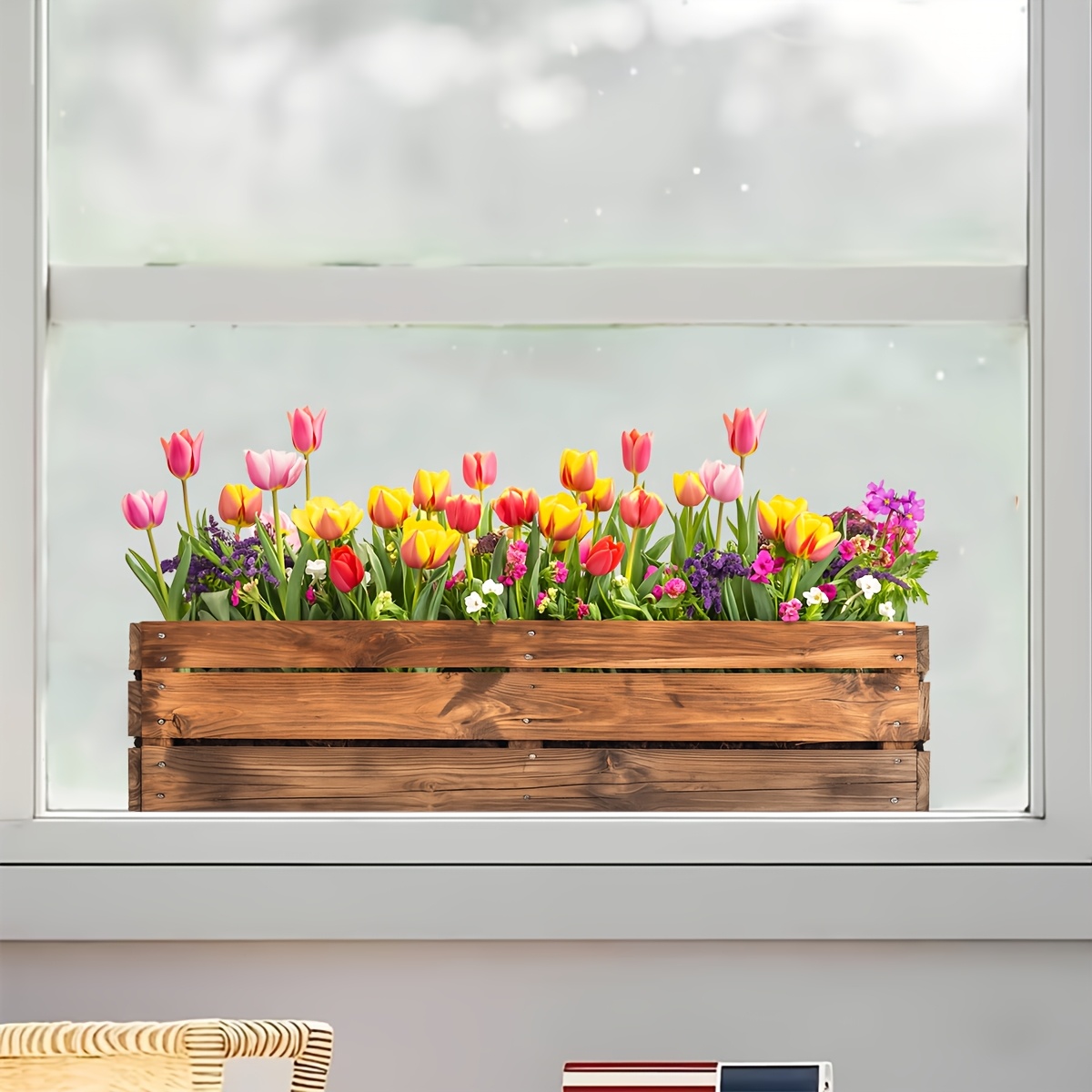 E-shop doppelseitig bedruckte Frühlingsblumen-Glas-Aufkleber, Bauernhaus-Blumentöpfe mit roten, gelben und pinken Tulpen, hochauflösende