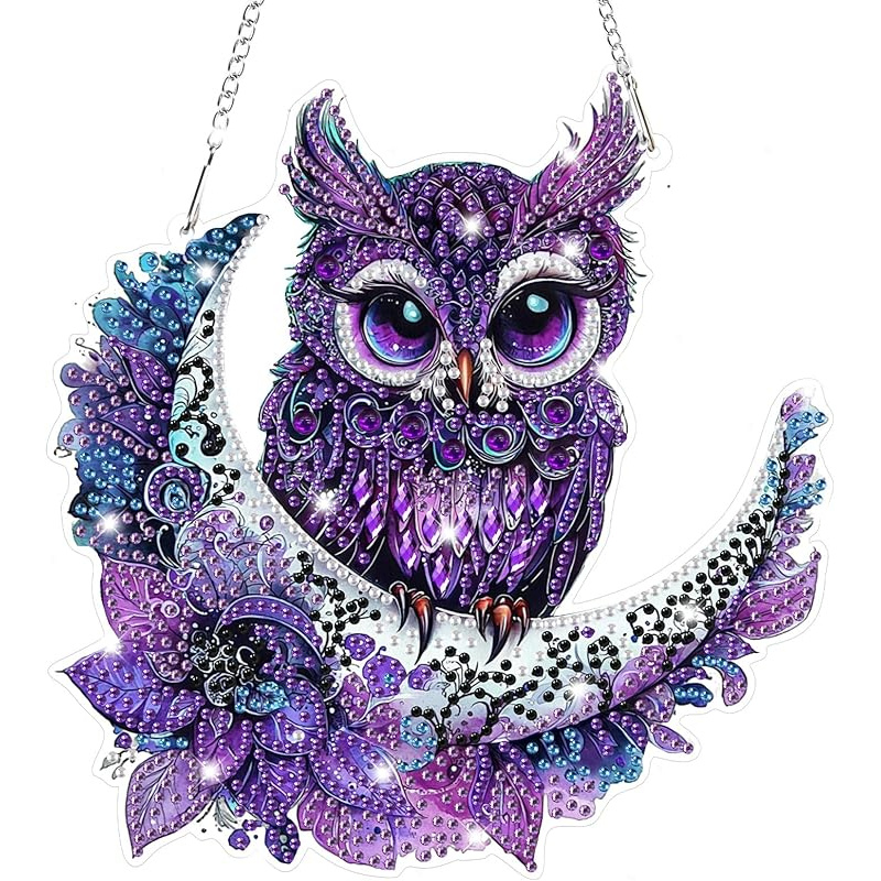 Image of Owl Hanging Kits For Adults & Kids - 5d Special Shape Diamond Painting Moon Pendant, Gem Art Suncatchers Window Ornament With Purple & , Owl Decor, Home Decoration, Decorative Piece, Craft Enthusiasts