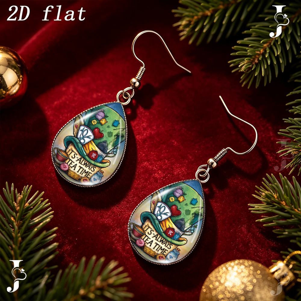 Teardrop Dangle Earrings with Fantasy Afternoon Tea Pattern