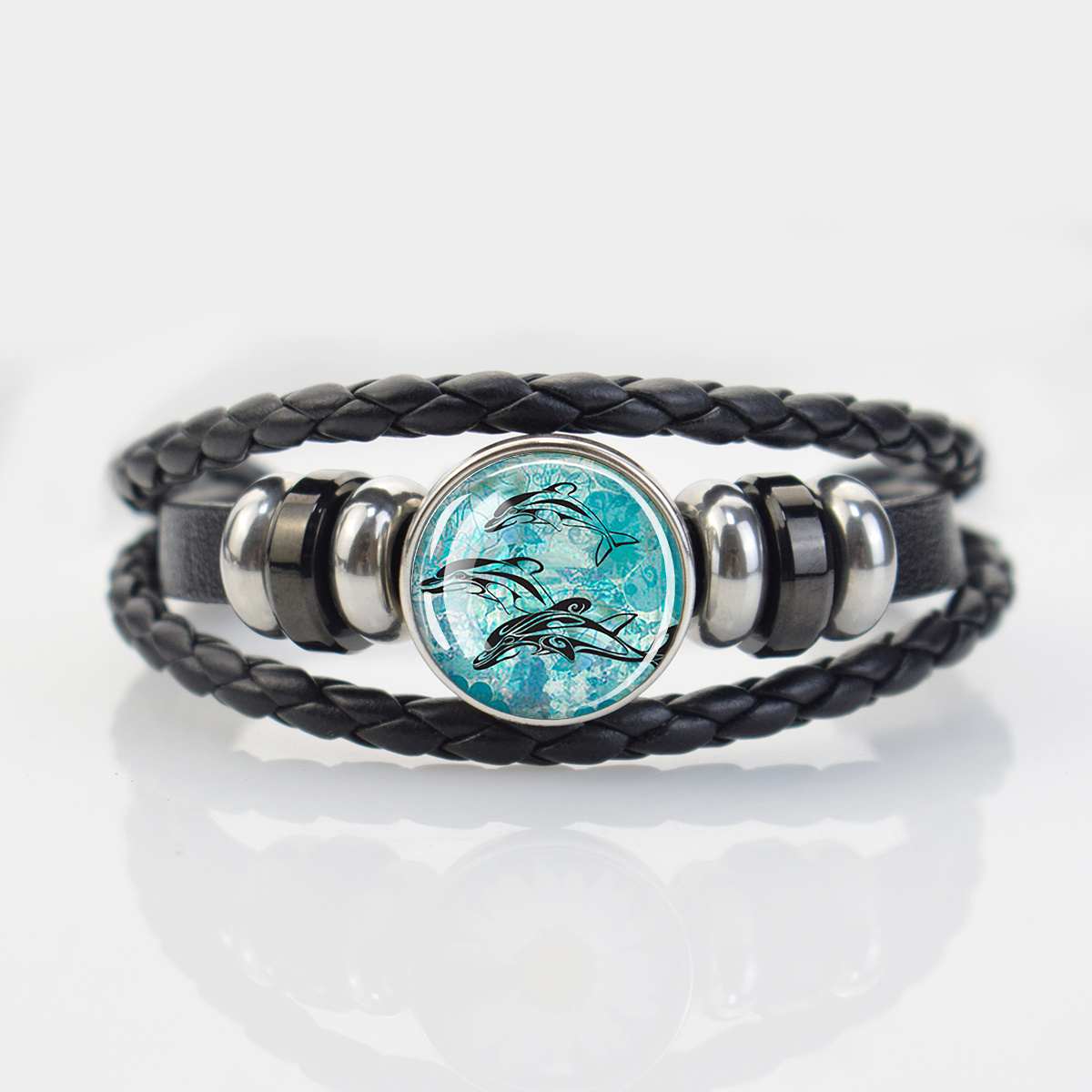 Ocean-Themed Black Braided Bracelet with Marine Animal Patterns