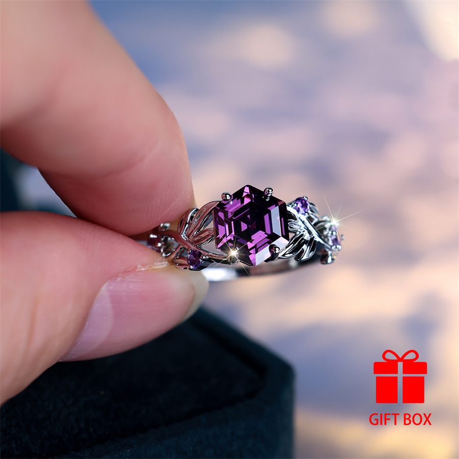 Hexagonal Purple Cubic Zirconia Ring, Durable & Sparkling